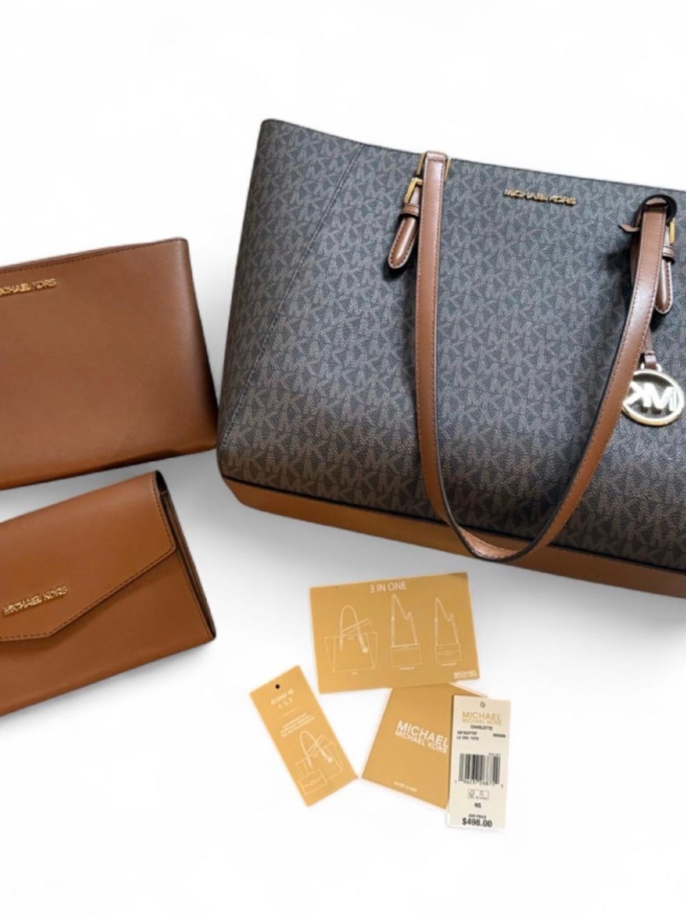 Michael Kors Brown Logo-Print Tote with Tan Leather Trim